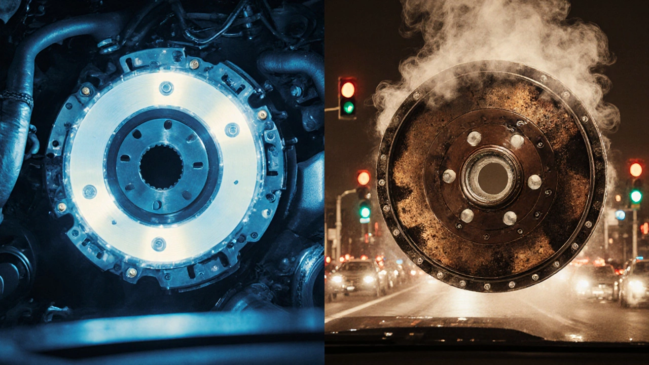 Split image showing a smooth highway driver with a healthy clutch versus a city driver with an overheated, damaged clutch.