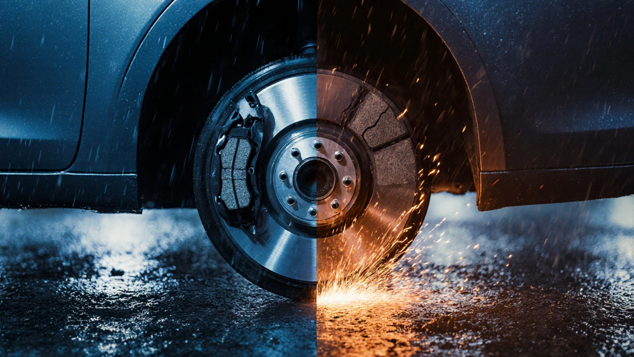 Split image showing safe braking versus dangerous rotor failure on a wet night road.