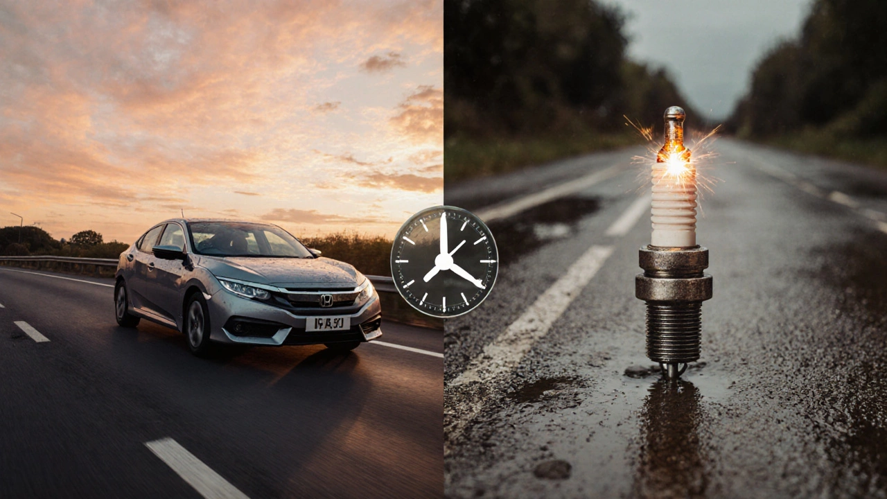 Timeline showing a spark plug&#039;s life from new to degraded, set against a UK rainy road and clock.