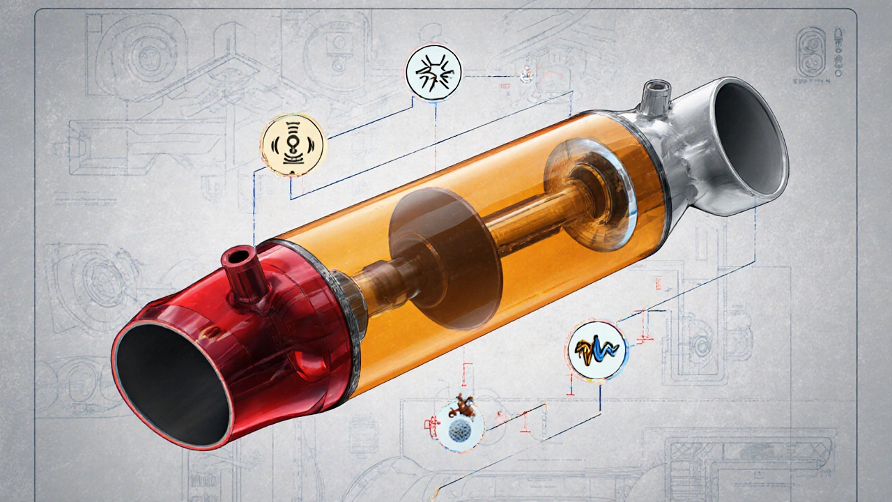 Transparent exploded view of three exhaust system types with flow lines and performance symbols.