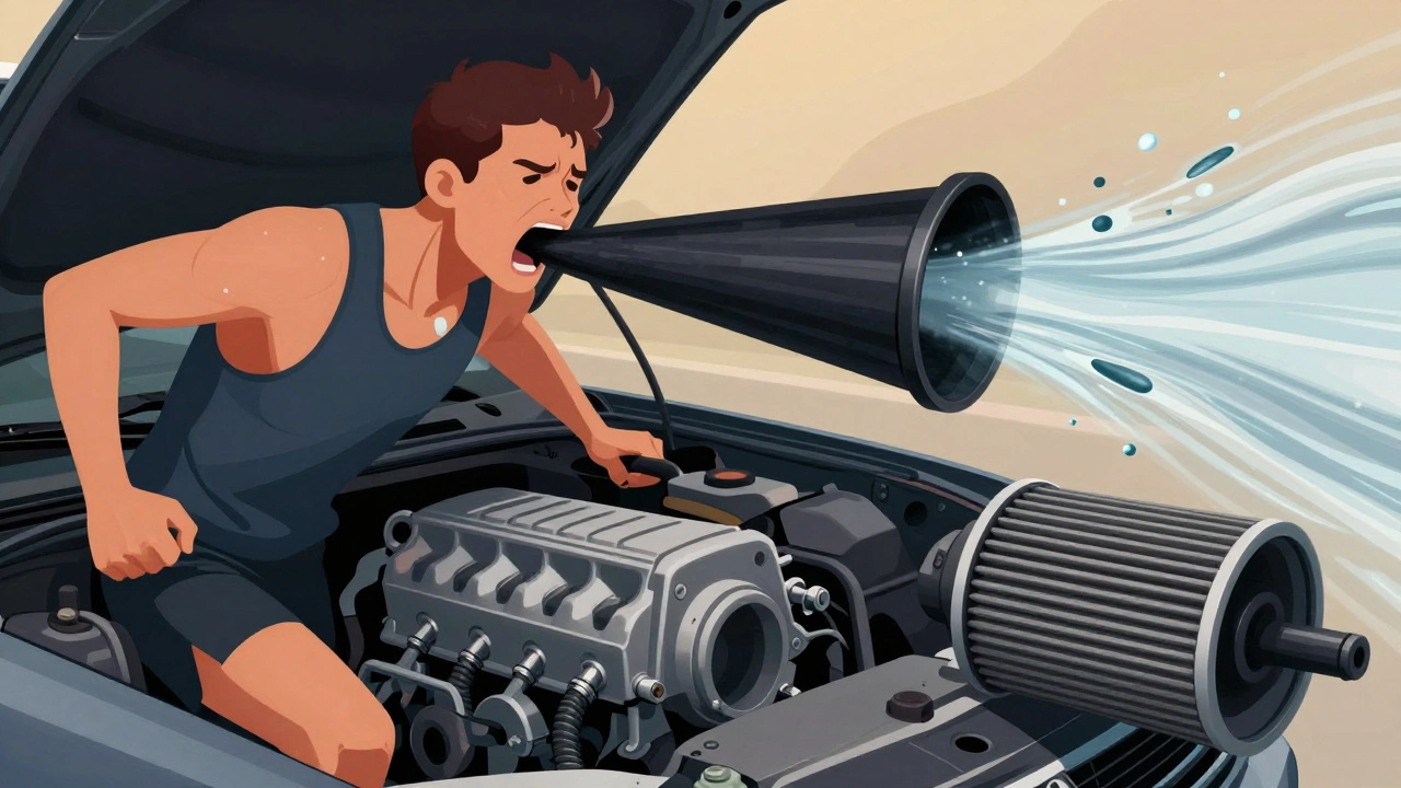 A car engine depicted as a gasping runner, with blocked air intake versus clean airflow symbolizing performance loss.