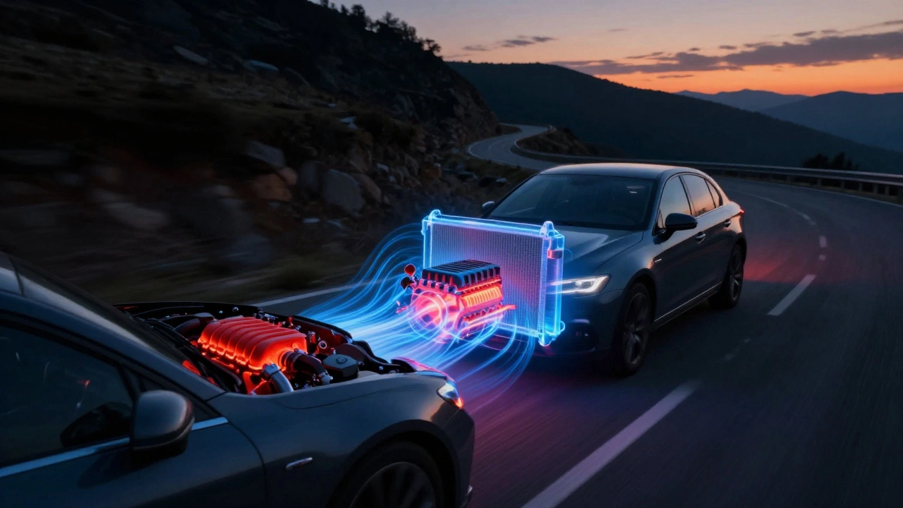 A car speeding at dusk with a glowing engine and cool blue heat dissipation radiating from the radiator.