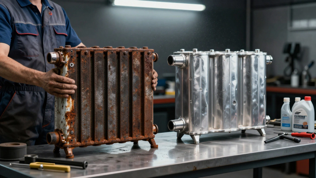 A mechanic comparing a corroded old radiator with a clean aftermarket unit on a workshop bench.