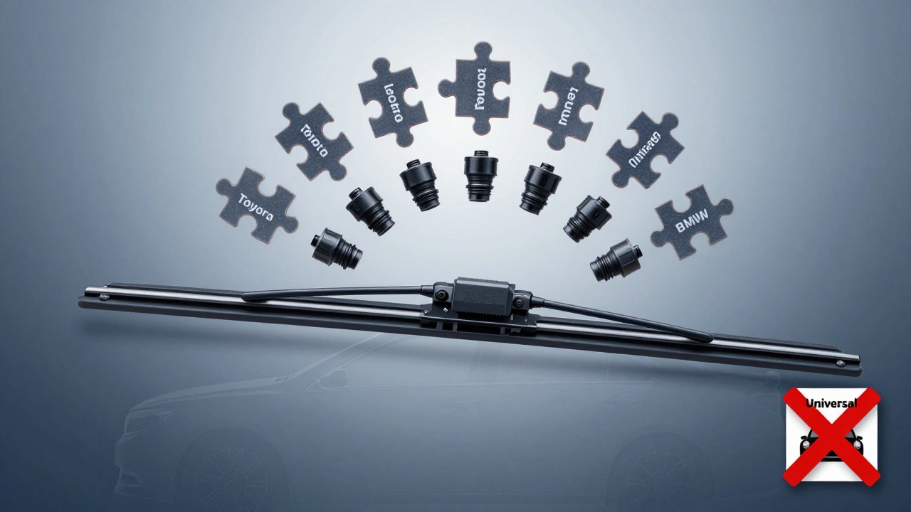 A wiper blade with multiple adapter connectors floating around it, labeled for different car brands.