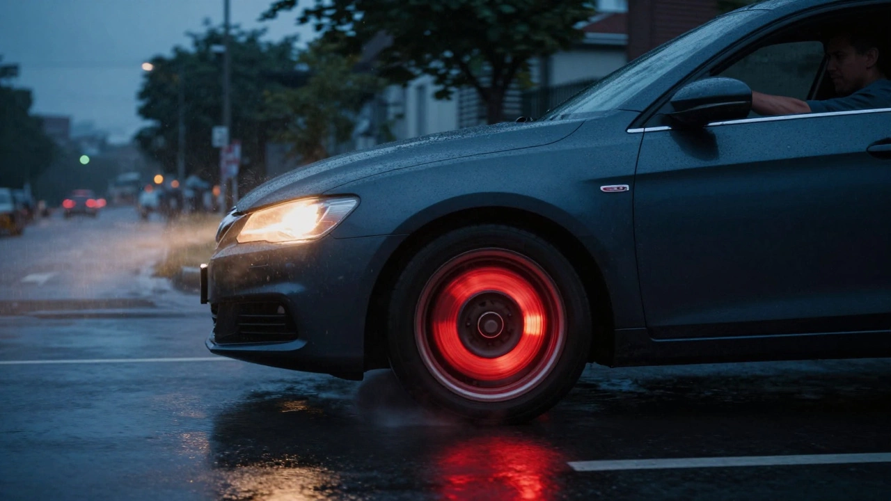 Car braking on wet road at dusk, rotors glowing, vehicle pulling to one side, steam rising from brakes.