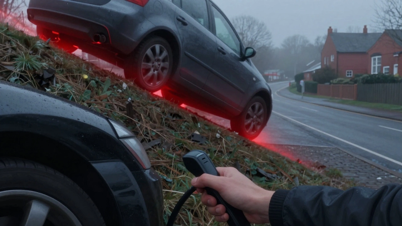 Car climbing hill with red heat trail, hand engaging handbrake instead of clutch.