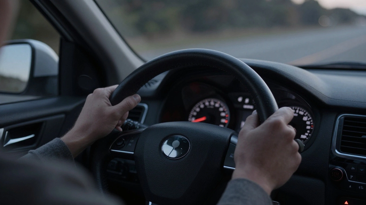 Car dashboard showing fuel gauge near empty with driver gripping wheel tightly.