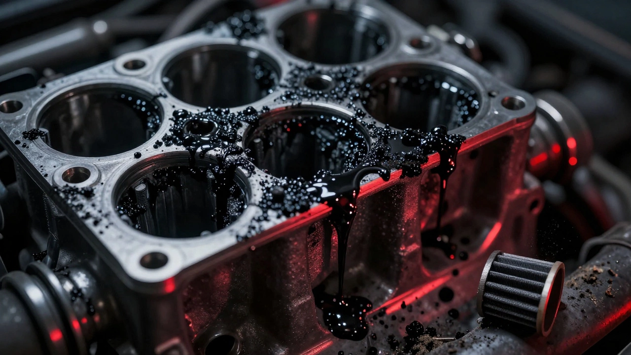 Carbon buildup on engine valves from poor air flow, with a crumbling air filter in the corner.