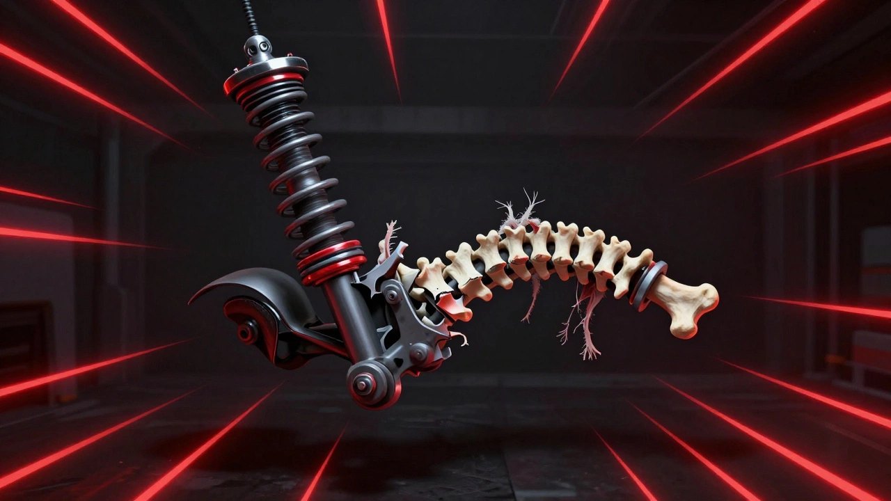 Conceptual image of a car suspension as a broken spine with warning red lines radiating.