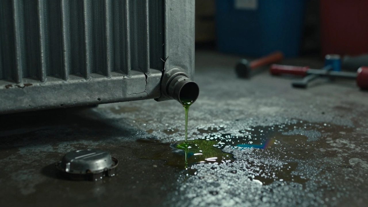 Cracked hose dripping coolant onto garage floor with worn cap nearby