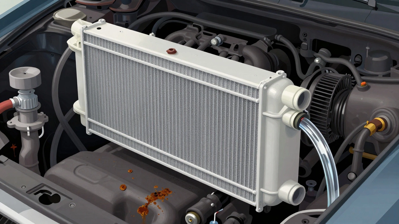 Cross-section of a car&#039;s cooling system showing new radiator connected to hoses and thermostat.