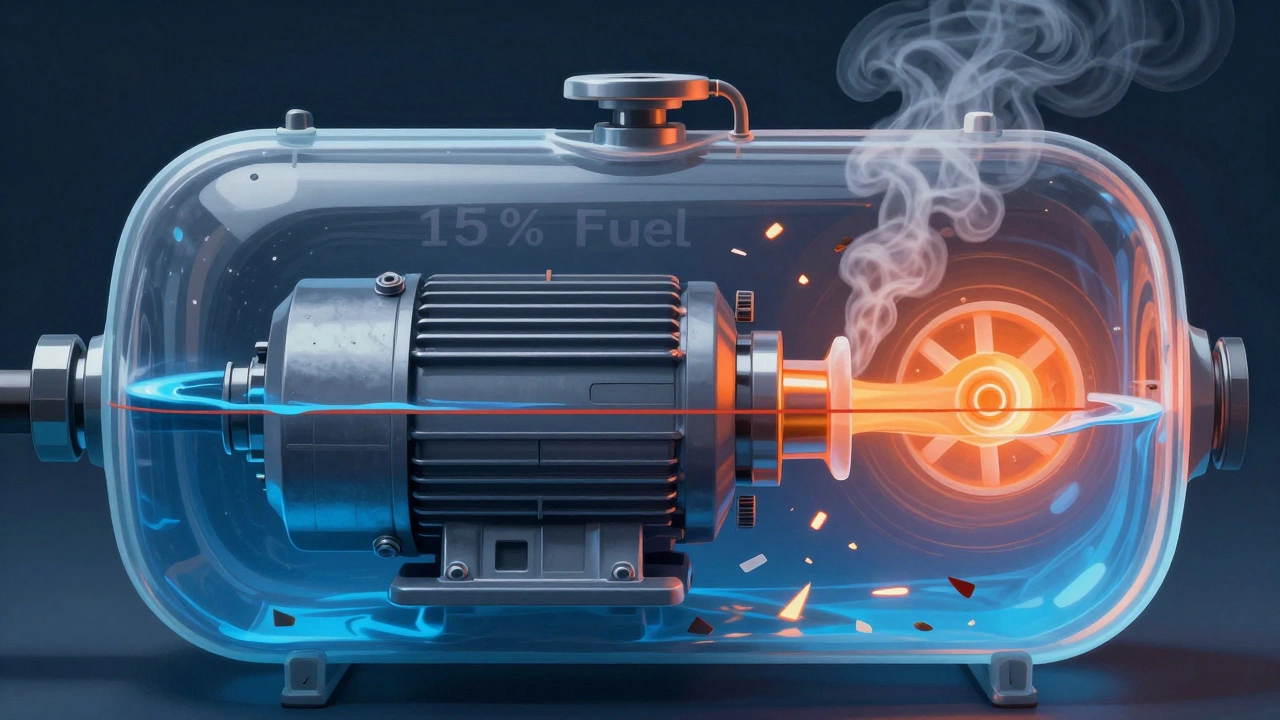 Cross-section of fuel pump overheating inside gas tank with debris and low fuel level.