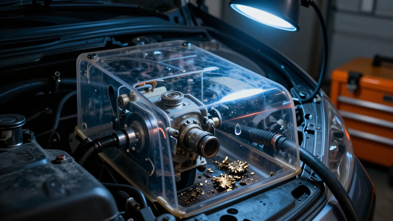 Cutaway view of a worn fuel pump inside a car&#039;s tank with debris in fuel.