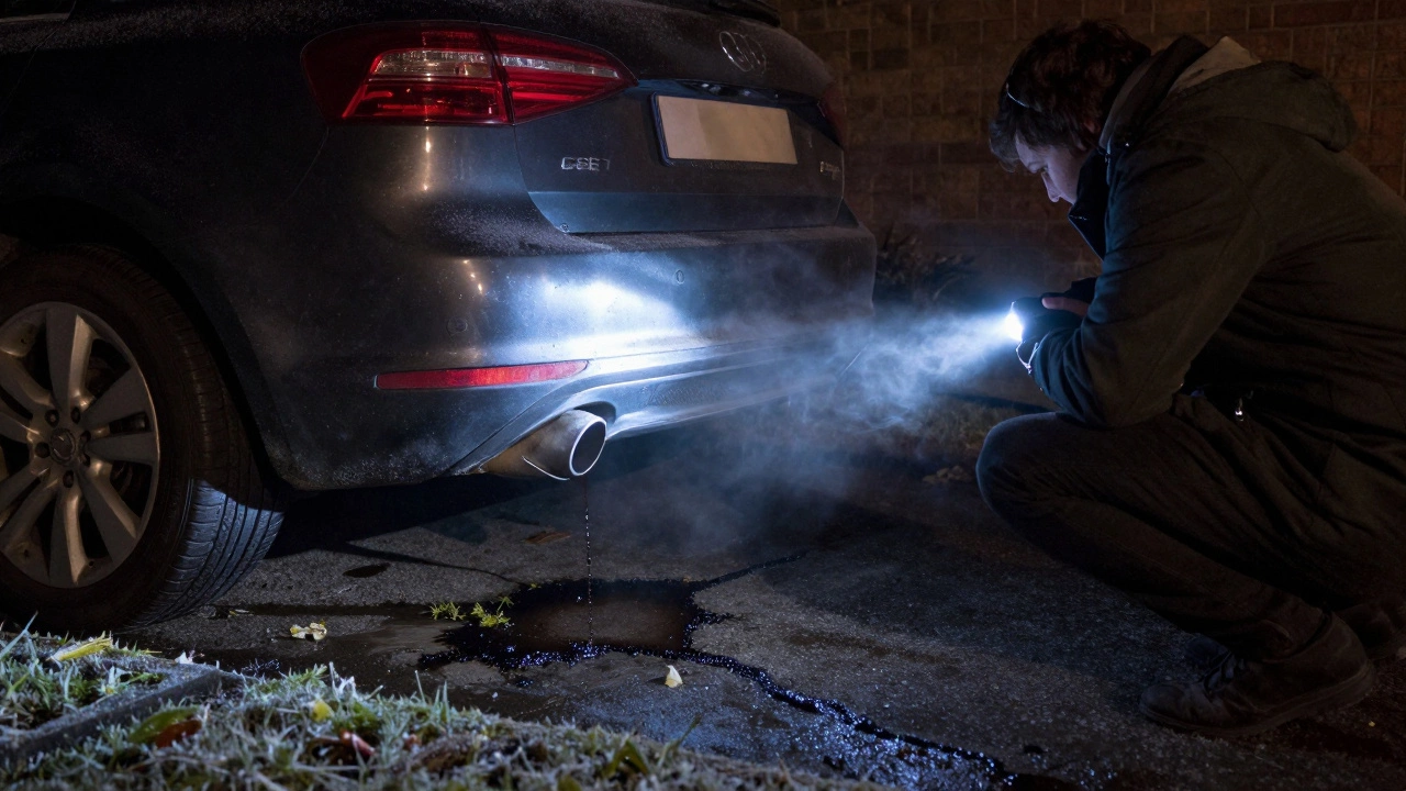 Dark oil puddle under a car at night with faint smoke from tailpipe.