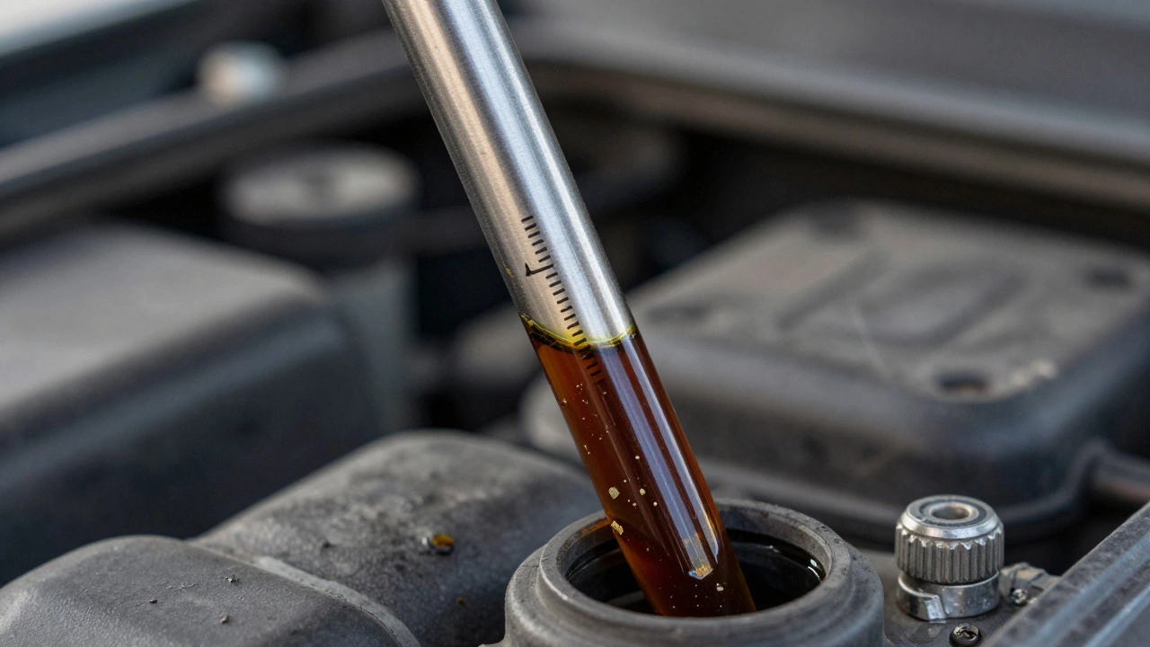 Dipstick showing oil level at minimum mark with metallic flakes.