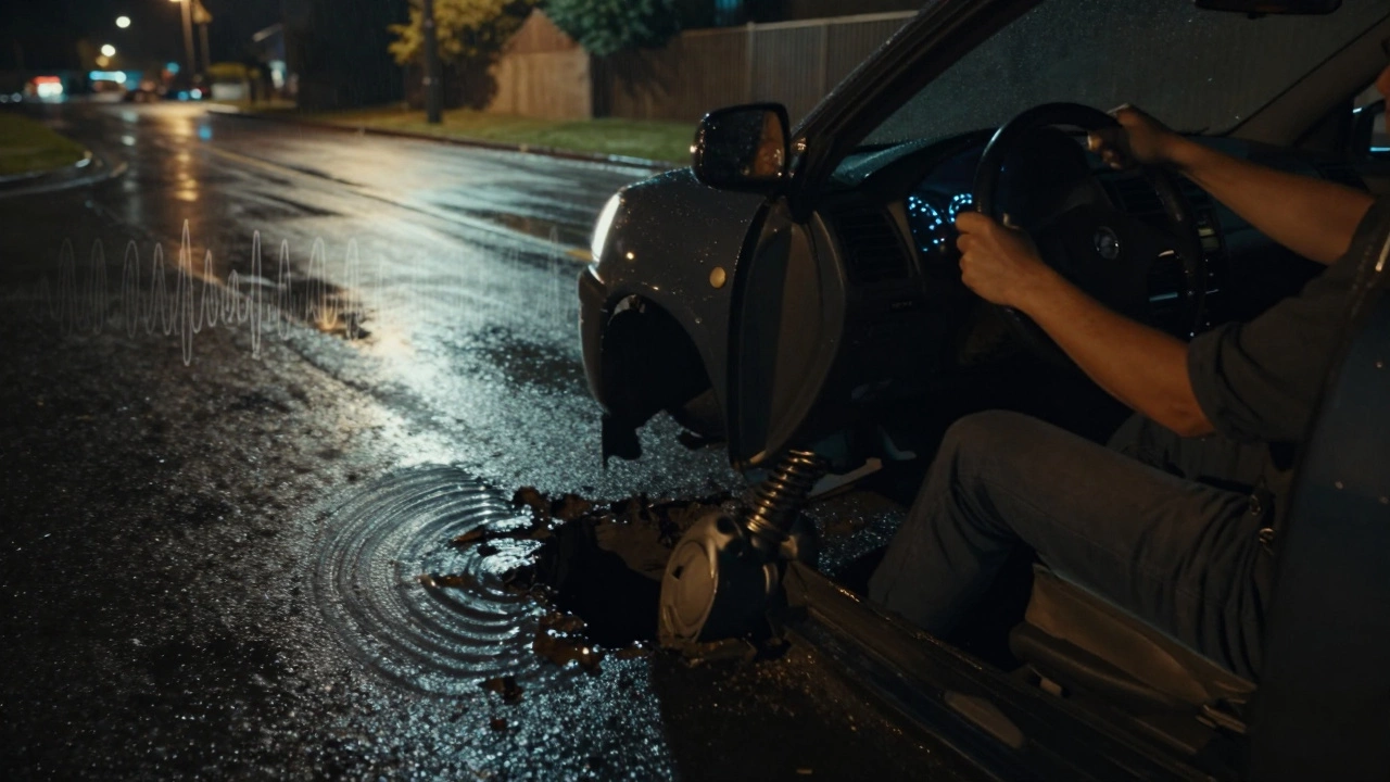 Driver gripping steering wheel as car hits a pothole at night, motion blur and sound waves visible.