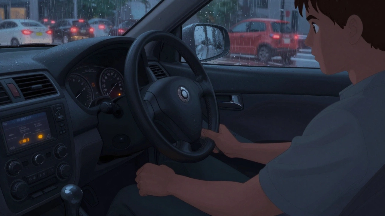 Driver pressing brake pedal that feels spongy, with warning light glowing on dashboard