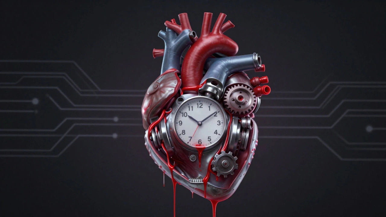 Engine depicted as a human heart with oil as blood, dripping away as clock ticks down.