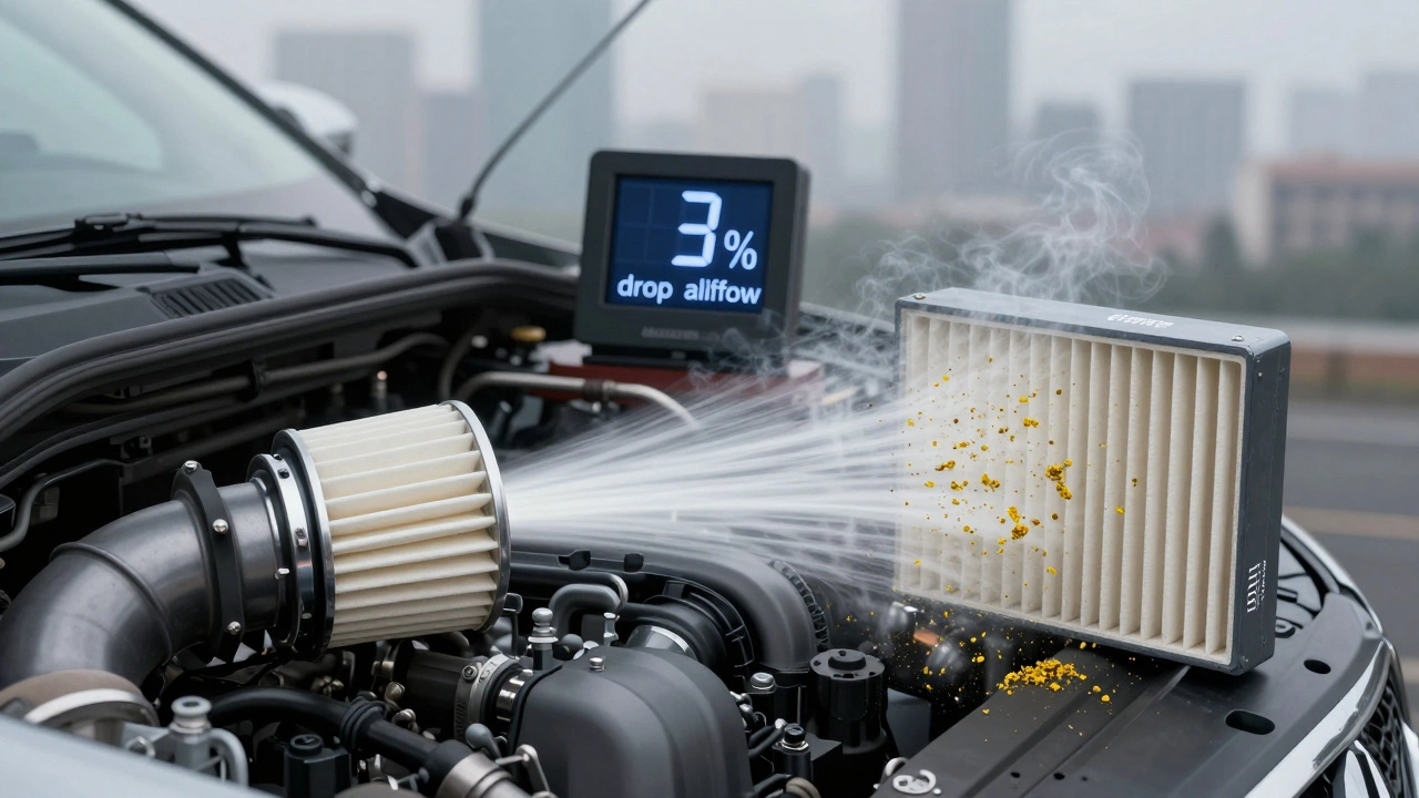 Engine intake with one filter allowing clean airflow and another clogged with pollen, showing reduced airflow.