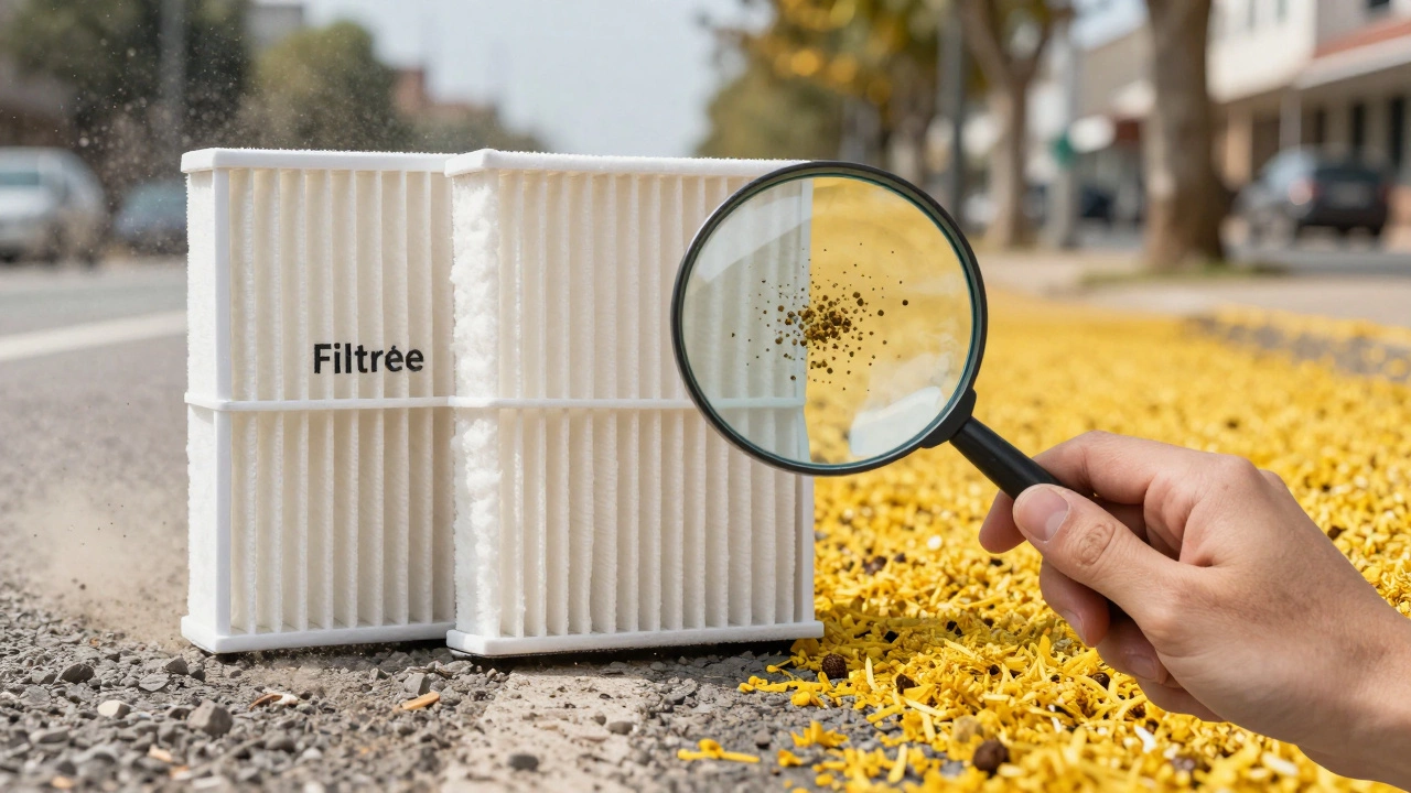Hand holding Filtrete and K&amp;N filters, with dusty road and urban smog in background, highlighting different use cases.