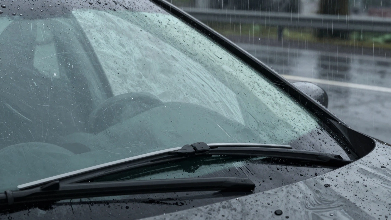 Mismatched wiper blades on a curved windshield, one lifting off and one leaving a streaked blind spot.