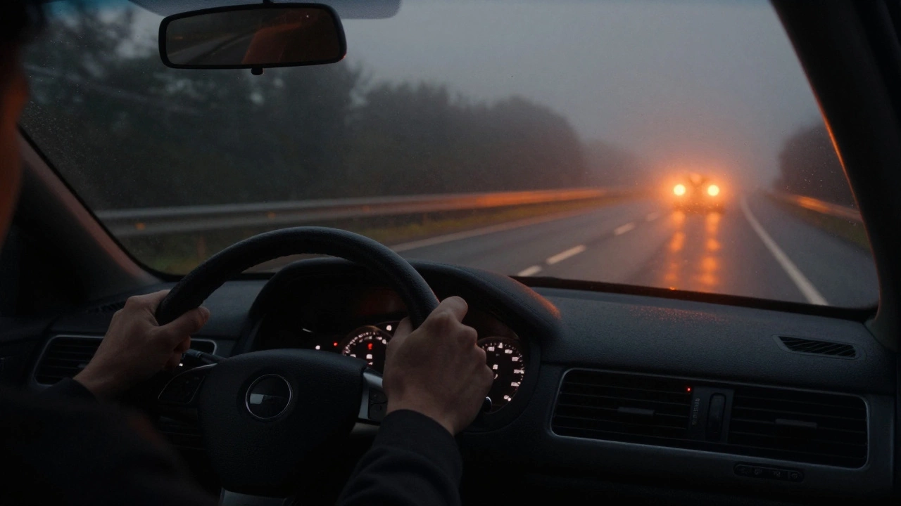 Nighttime view of a car’s glowing exhaust tips reflecting on a wet motorway.