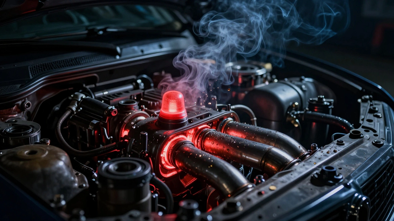 Overheating car engine with smoke and oil splatter under red warning light.