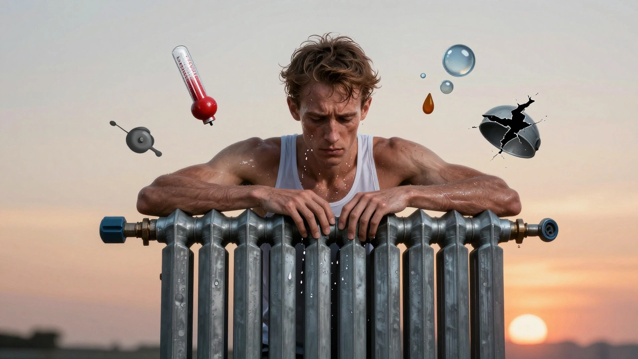 Radiator depicted as a tired runner dripping coolant, surrounded by failure symbols