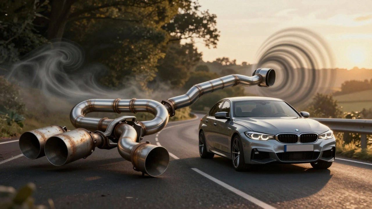 Split illustration comparing stock and performance exhaust systems on a BMW driving a country road.