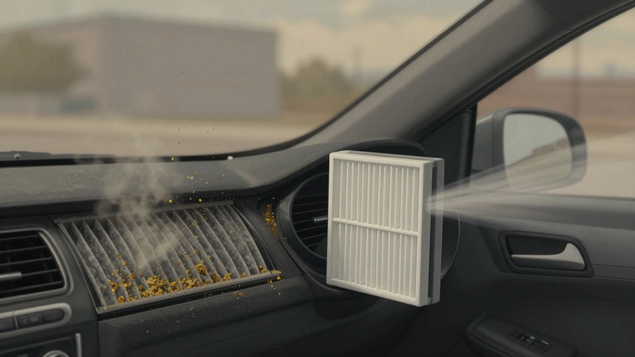 Split view of dirty vs clean cabin air filter affecting interior air quality.