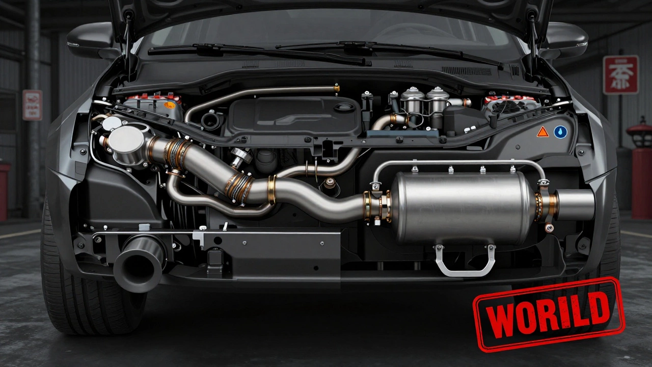 Split view of stock vs. modified exhaust system with warning symbols in engine bay.
