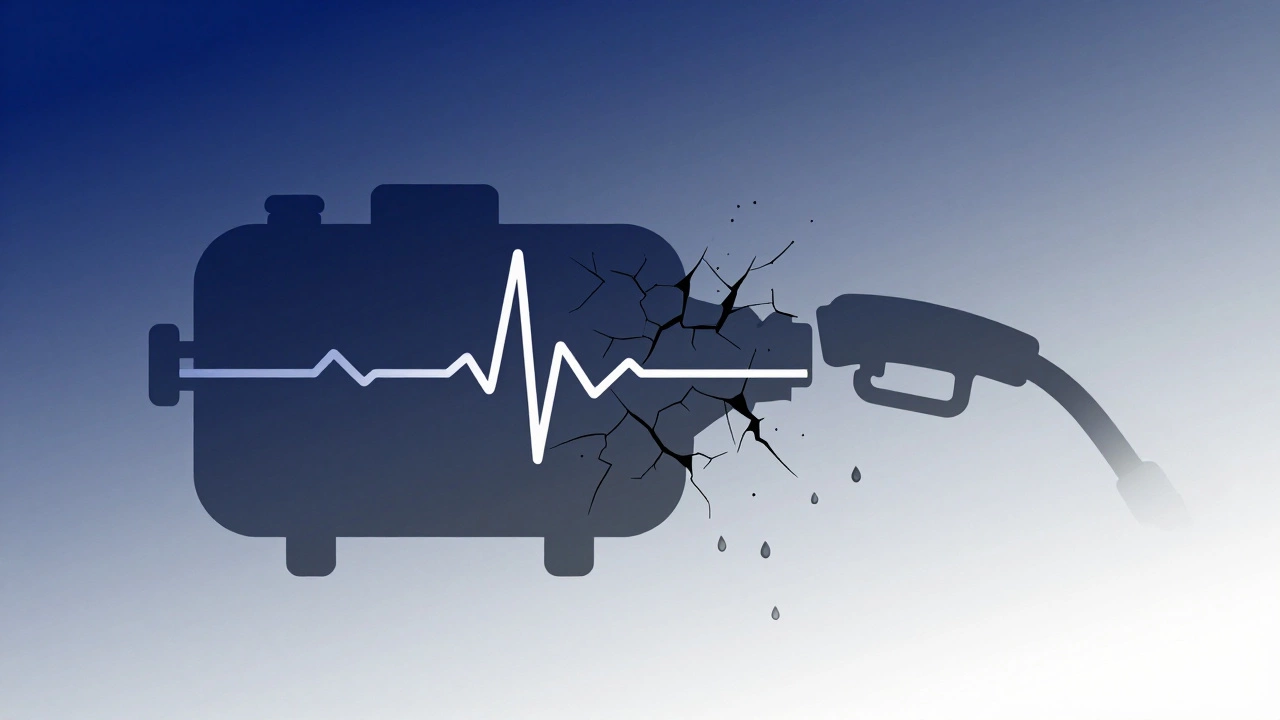 Symbolic fuel pump as a fading heartbeat inside a fuel tank silhouette.