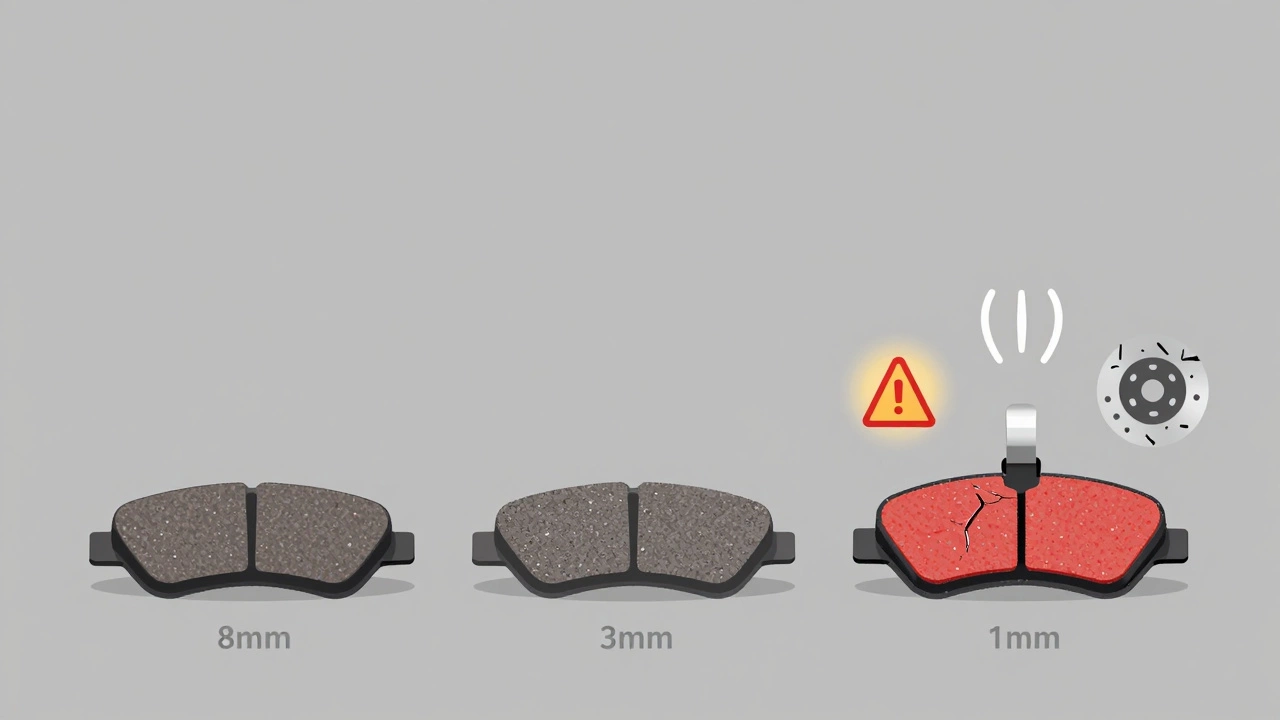 Three-panel visual showing brake pad wear from 8mm to 1mm, with warning indicators and damaged rotor.
