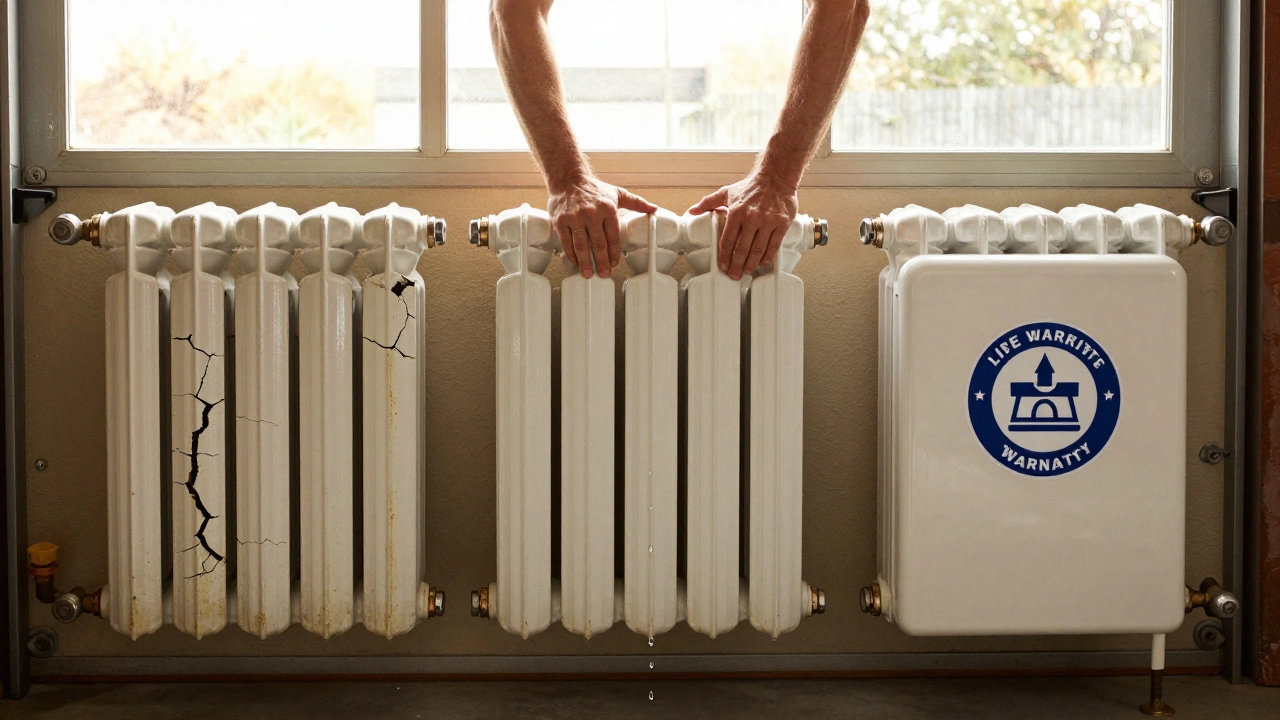 Three radiators in sequence: damaged, being installed, and new, symbolizing replacement and prevention.