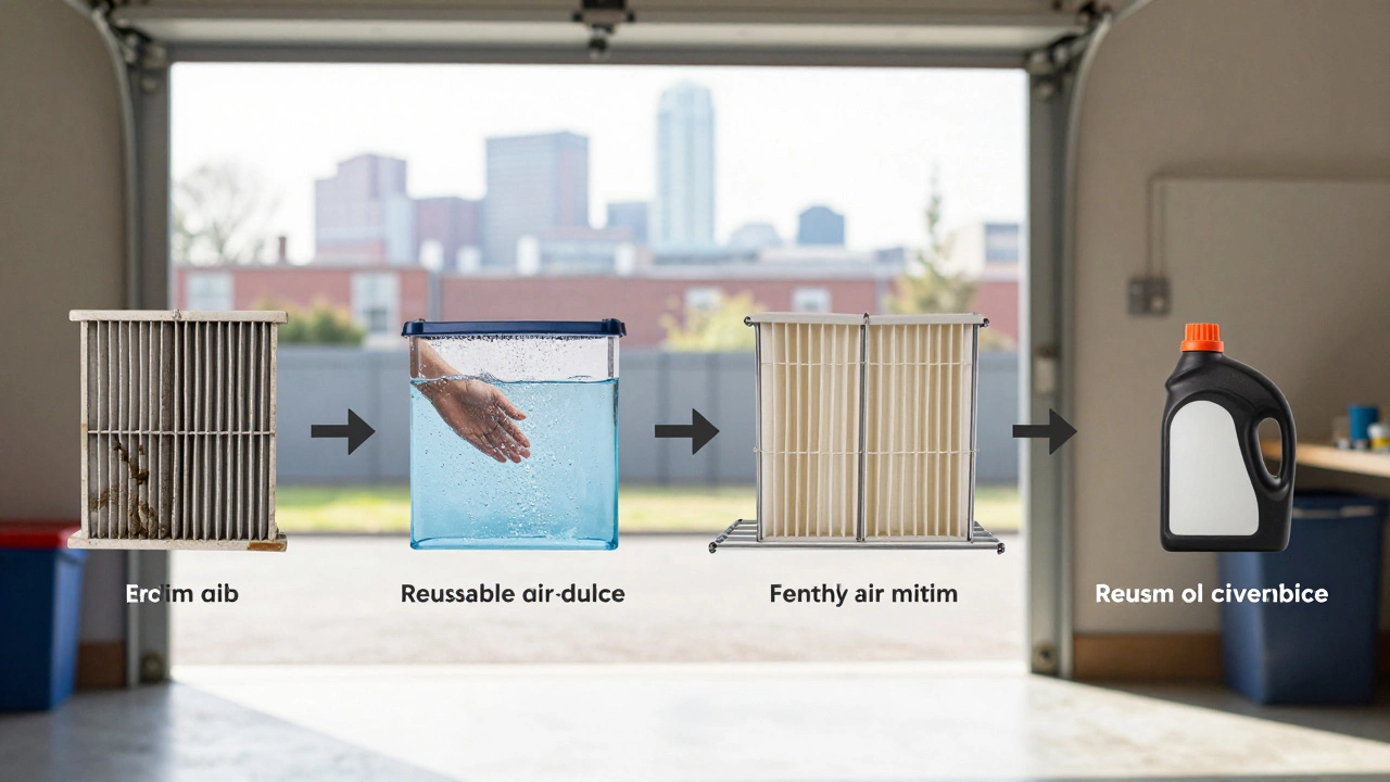 Timeline of a reusable air filter being cleaned, dried, and reinstalled.