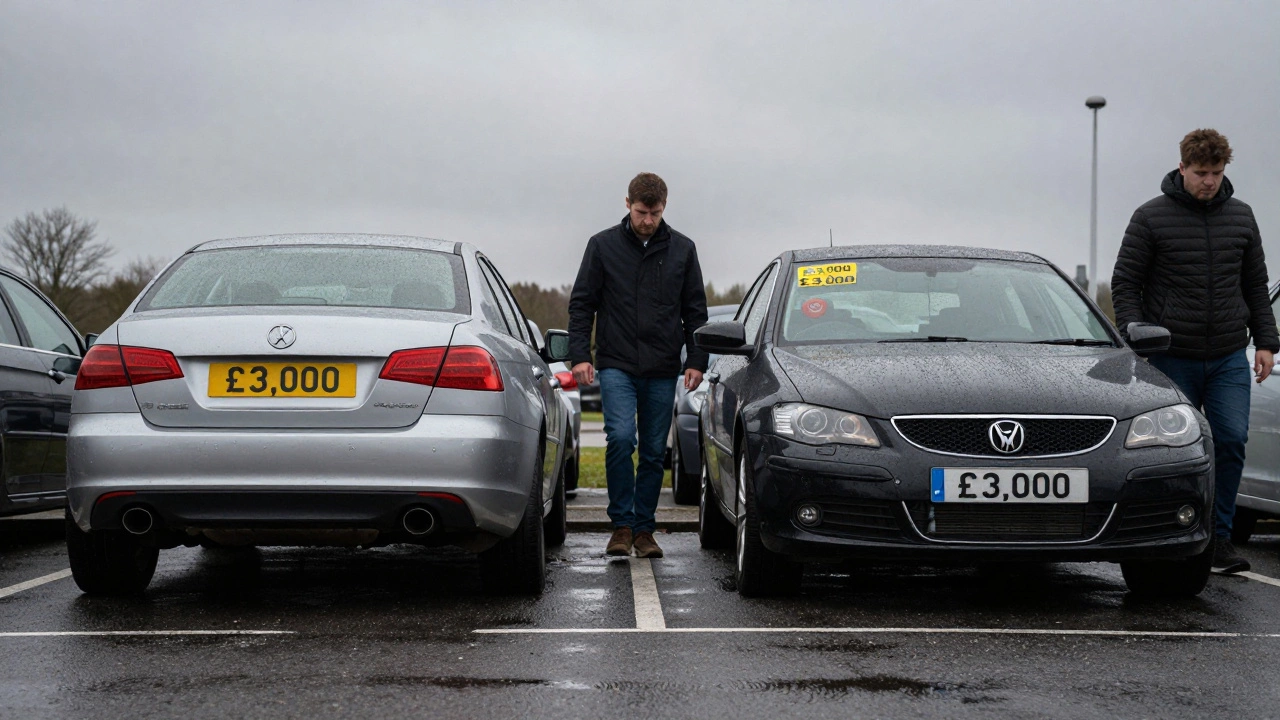 Two identical cars on a dealership lot, modified one priced lower as buyers walk away.
