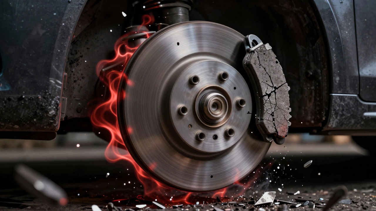 Warped rotor and damaged brake pad with heat and metal shards radiating outward