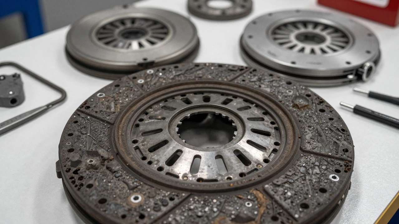 Worn clutch disc next to new Sachs clutch kit on a mechanic&#039;s workbench.