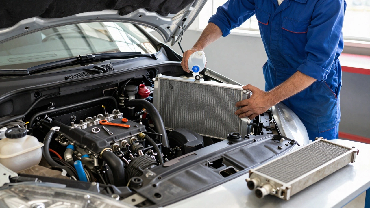 A mechanic installing a new radiator in a Ford Focus engine bay, tools and fresh coolant visible.