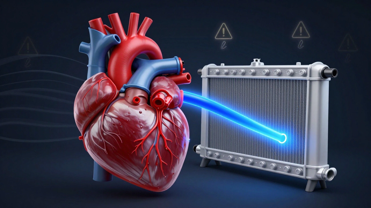 An engine depicted as a heart with a leaking vein replaced by a glowing new coolant tube.