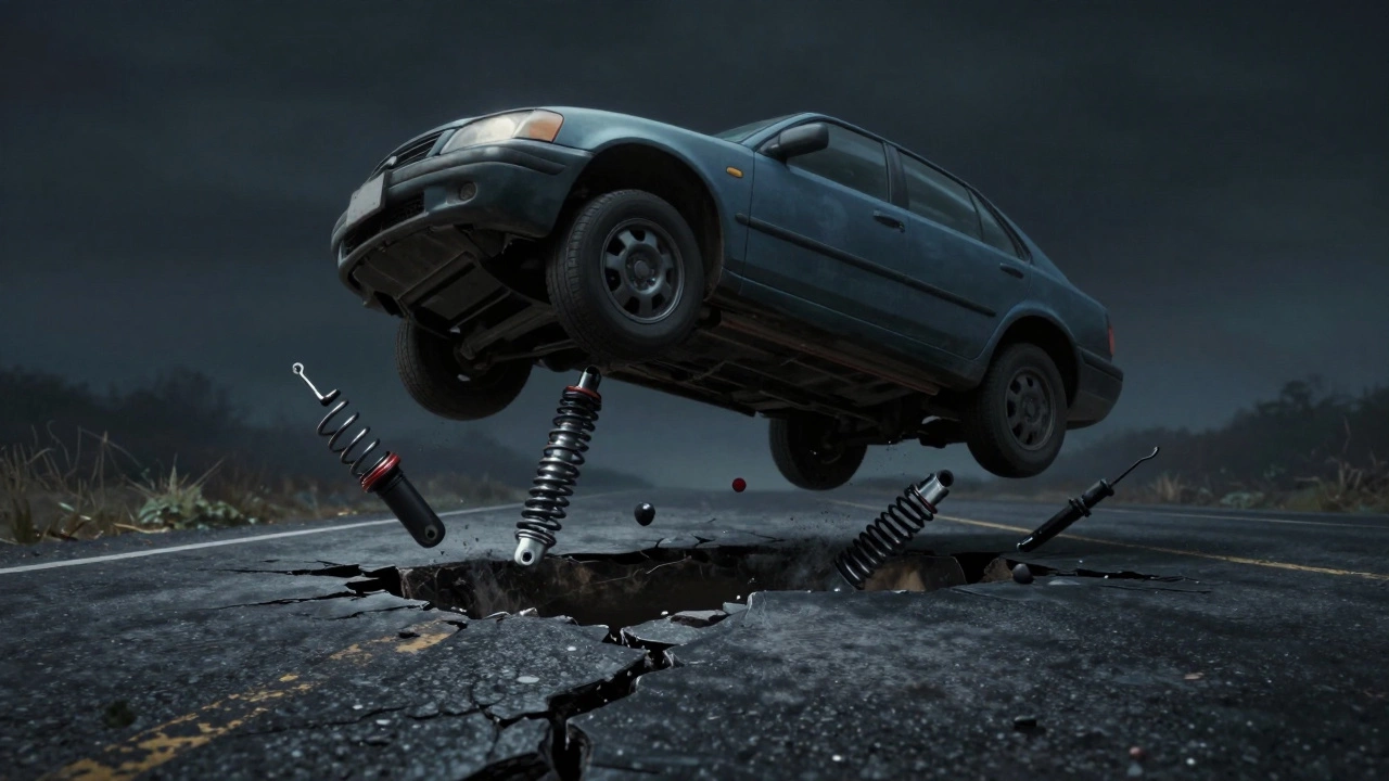 Car bouncing violently over a pothole with detached suspension parts floating around it in a dramatic scene.