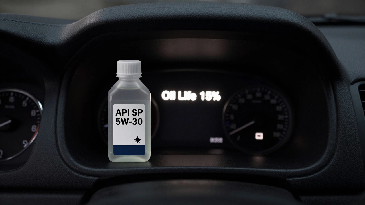 Car dashboard showing oil life warning with certified oil bottle hovering above.