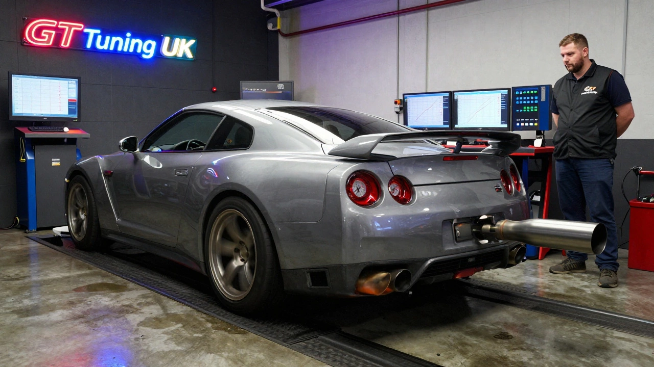 Car on a dyno with gauges showing power gains, mechanic monitoring results in a tuning garage.