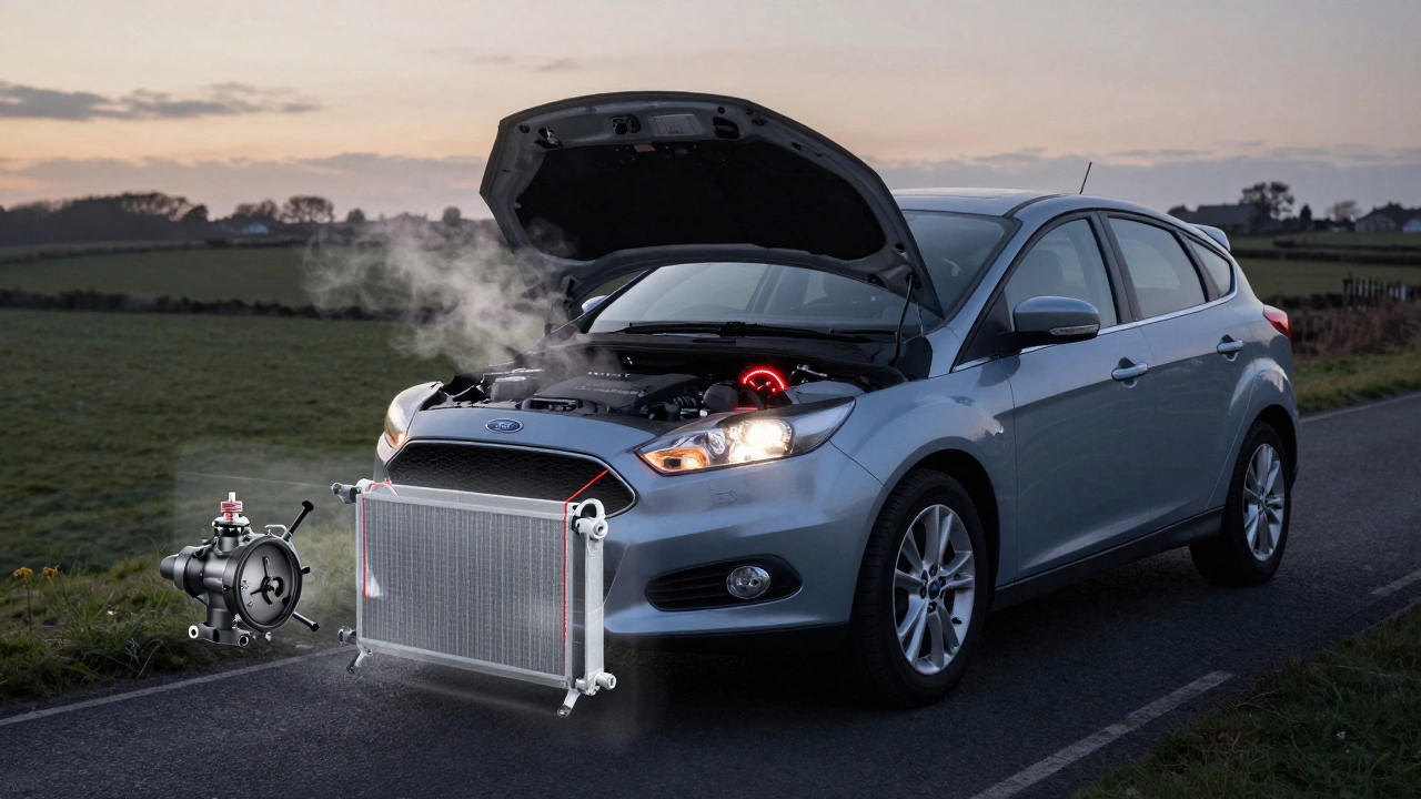Car steaming on a quiet road at dusk, transparent view of cooling system failures beneath it.
