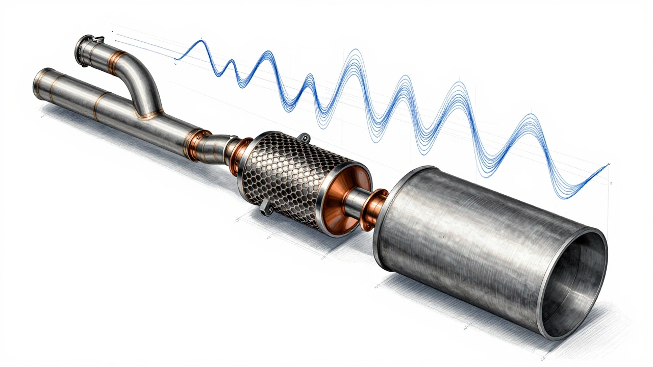 Cross-section diagram of an exhaust system showing sound waves shaped by chambers and pipes.