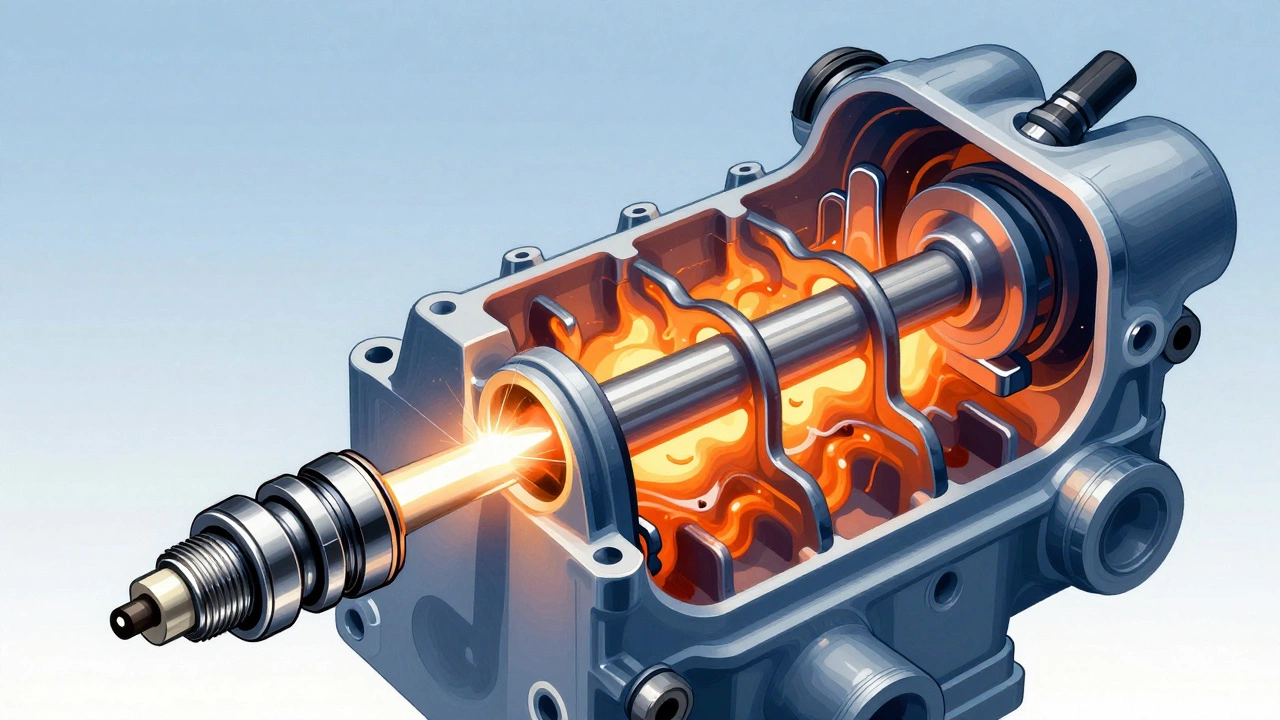 Cross-section of a car engine cylinder showing a spark igniting fuel mixture.