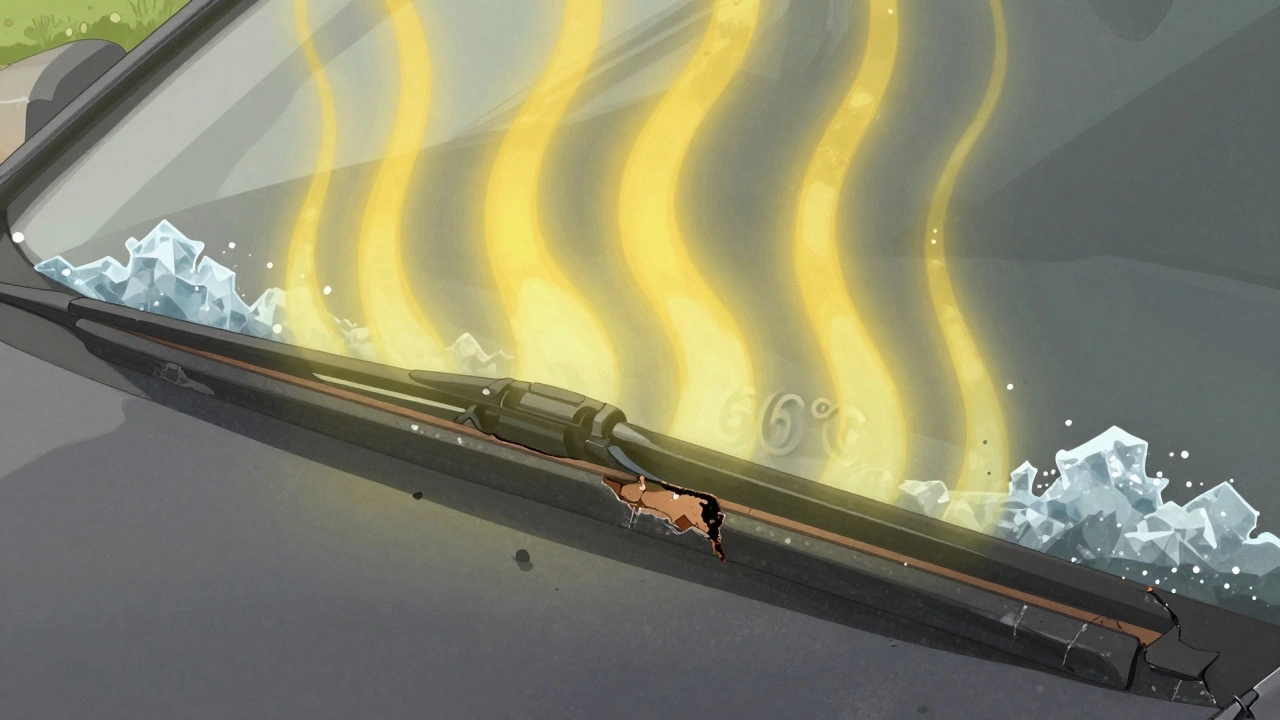 Cross-section of a degraded wiper blade exposed to UV heat and road salt, with grit particles floating around.