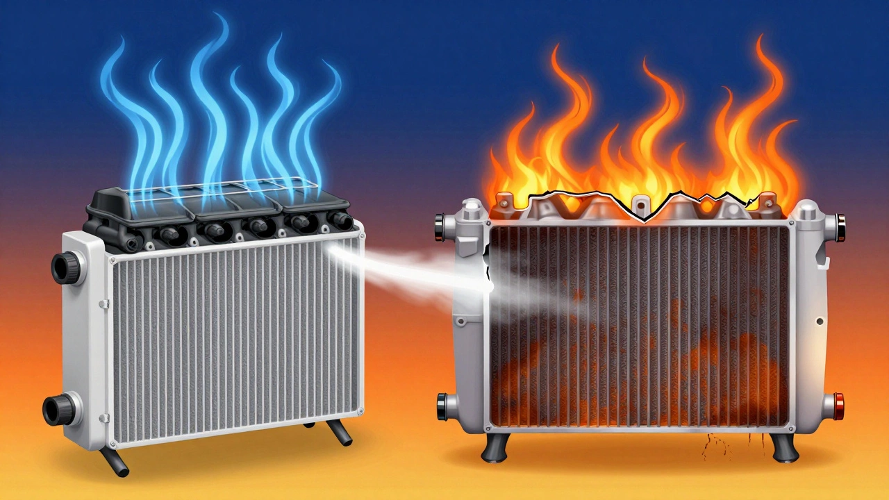 Cross-section of engine cooling system showing healthy vs. failed radiator causing head gasket failure.