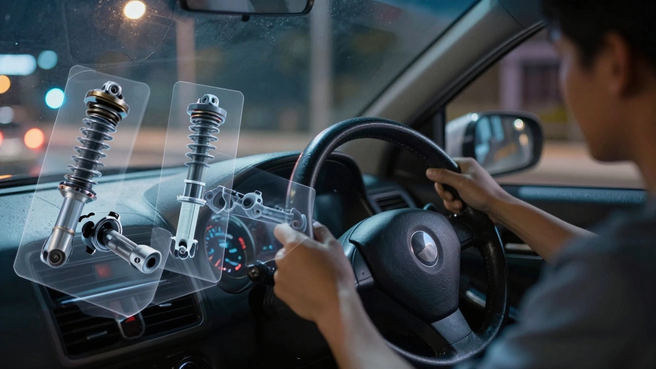 Driver holding a shaky steering wheel at night, with ghostly images of failing suspension parts surrounding the vehicle.