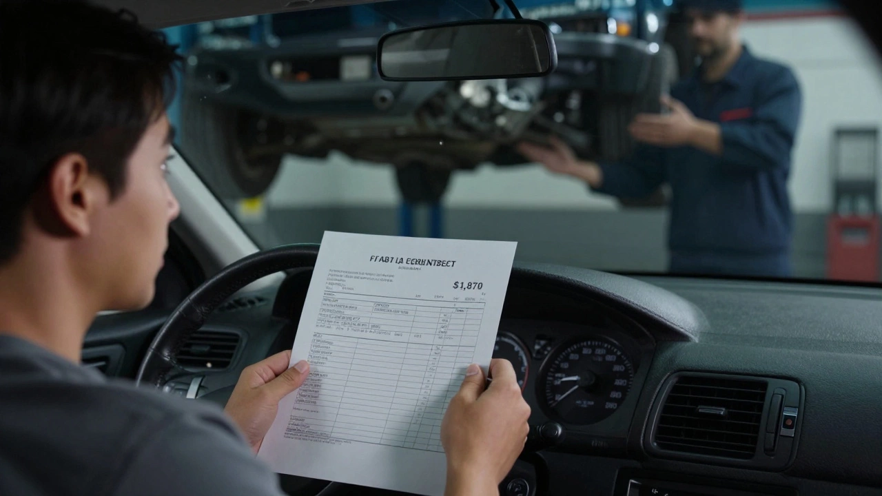 Driver shocked by a high repair bill while looking at a lifted car with exposed transmission.